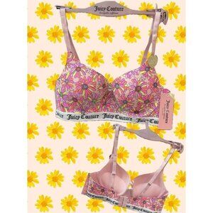 Juicy Couture 36C Pink Floral Print Logo Sculpted Underwire Padded Push-Up Bra